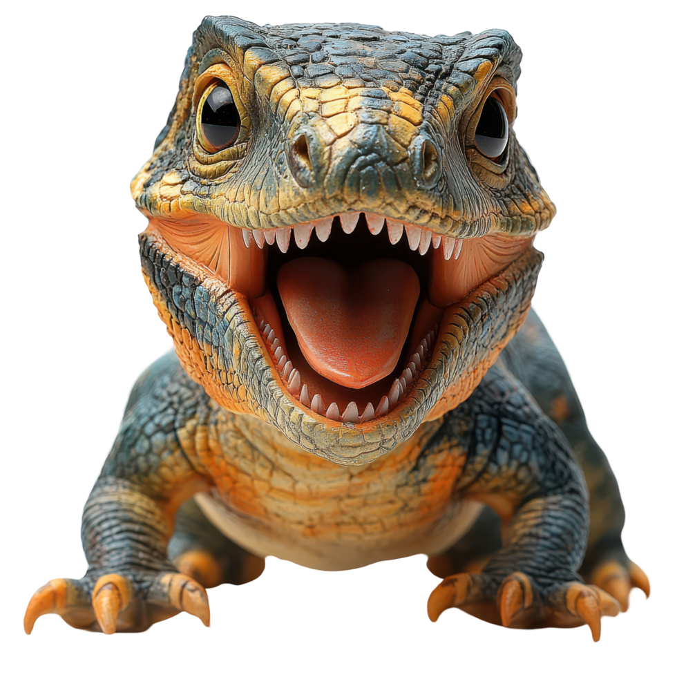 Brightly colored dinosaur toy with wide open mouth in playful pose on a white background isolated on transparent background png