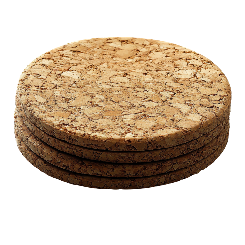 Natural cork coasters stacked on top of each other, ideal for drink protection and home decor isolated on transparent background png