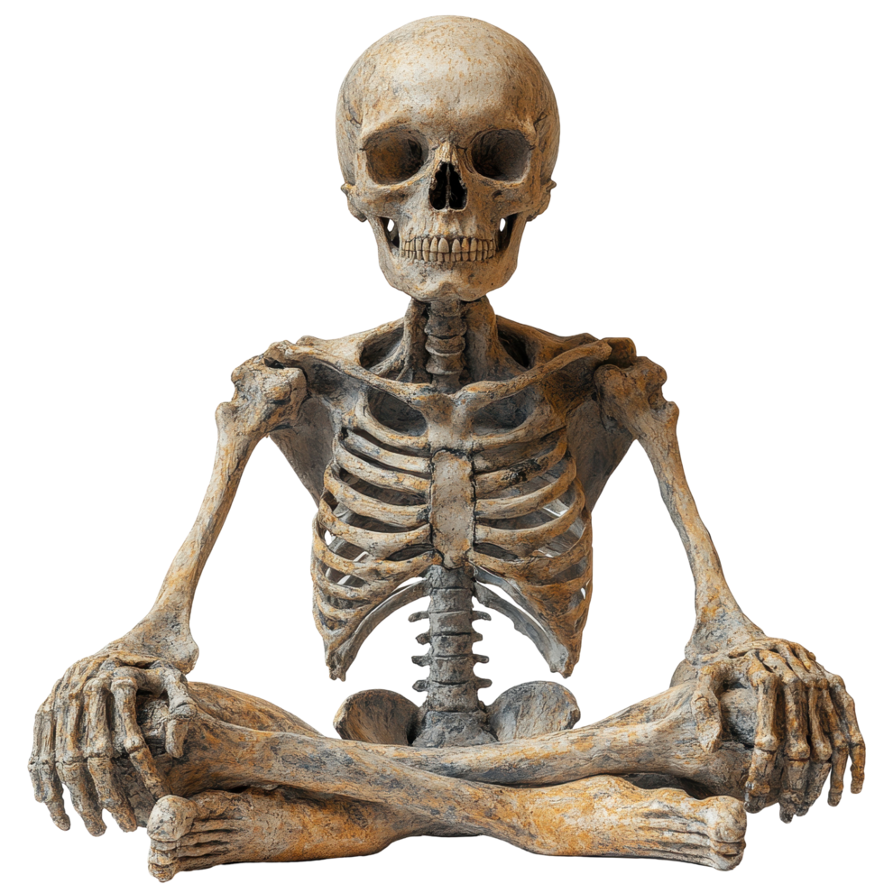 Skeleton in meditative pose representing calmness and tranquility in a creative display isolated on transparent background png