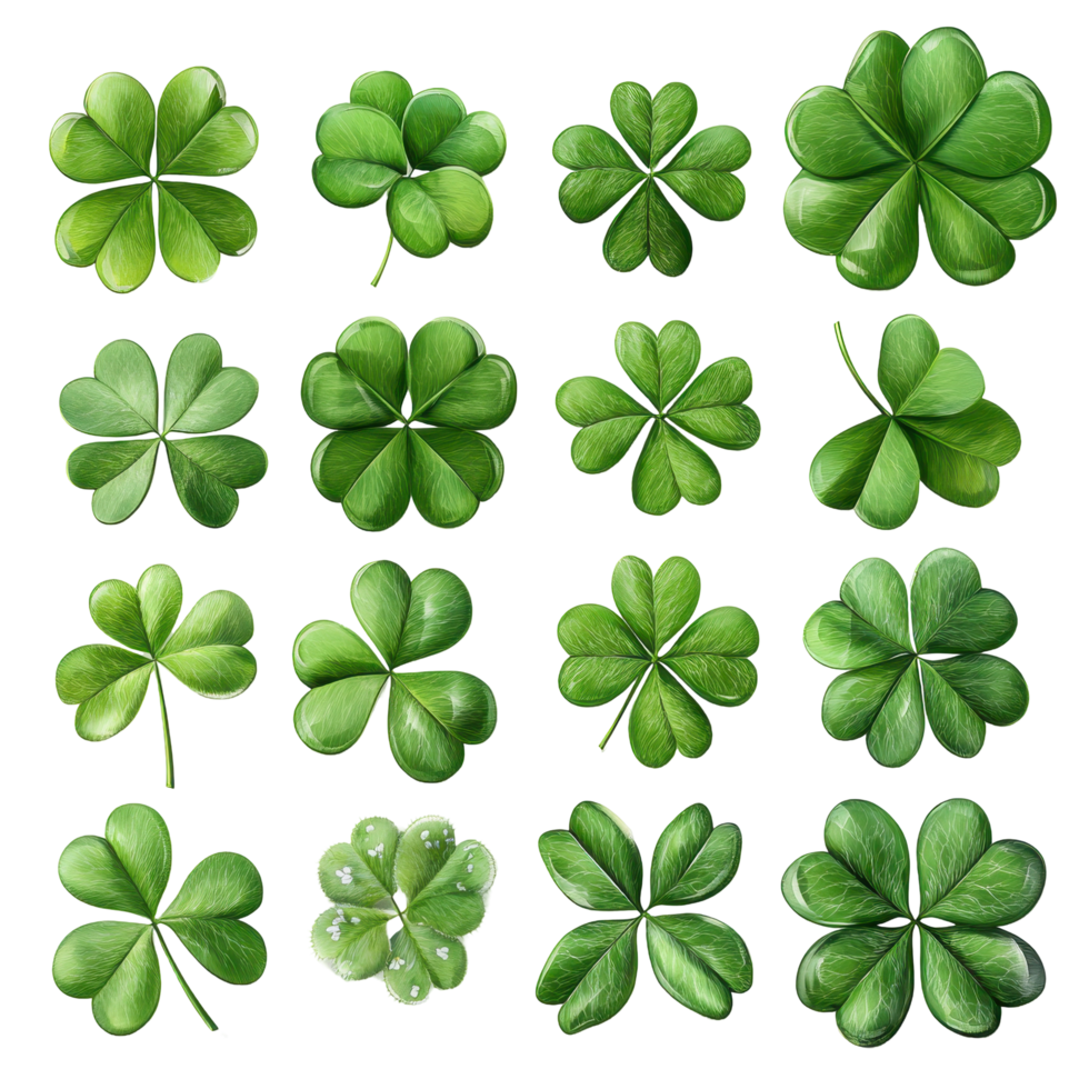 Collection of various clover leaf designs illustrating different shapes and shades of green in a detailed botanical arrangement isolated on transparent background png