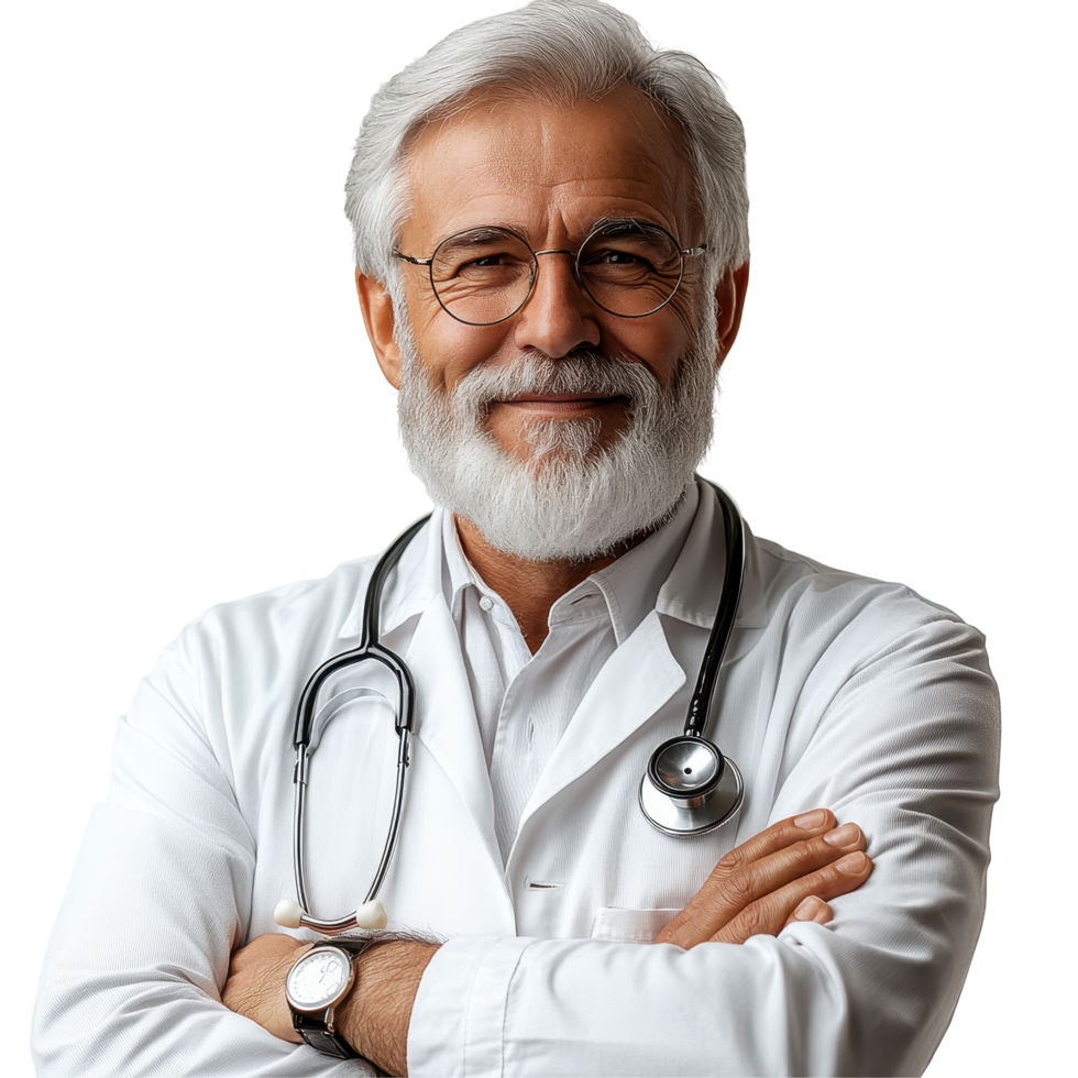 Experienced doctor with a stethoscope smiles confidently in a clinical setting during daylight hours isolated on transparent background png