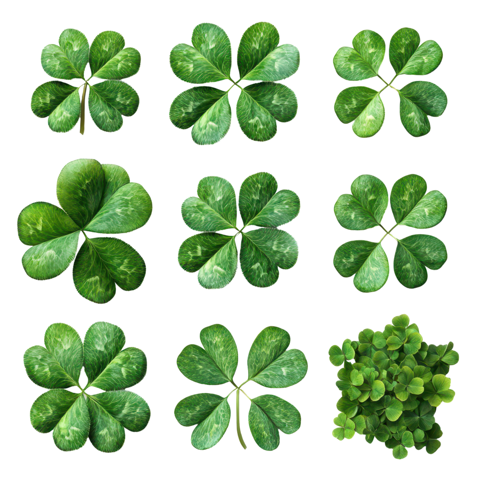 Collection of various four-leaf clovers arranged in a grid showcasing their distinct shapes and colors in natural settings isolated on transparent background png