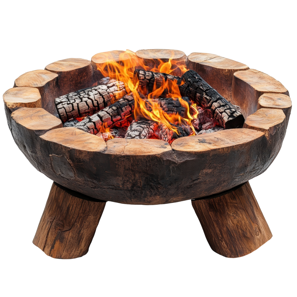 Fire pit surrounded by logs with flames illuminating a cozy outdoor gathering at night isolated on transparent background png