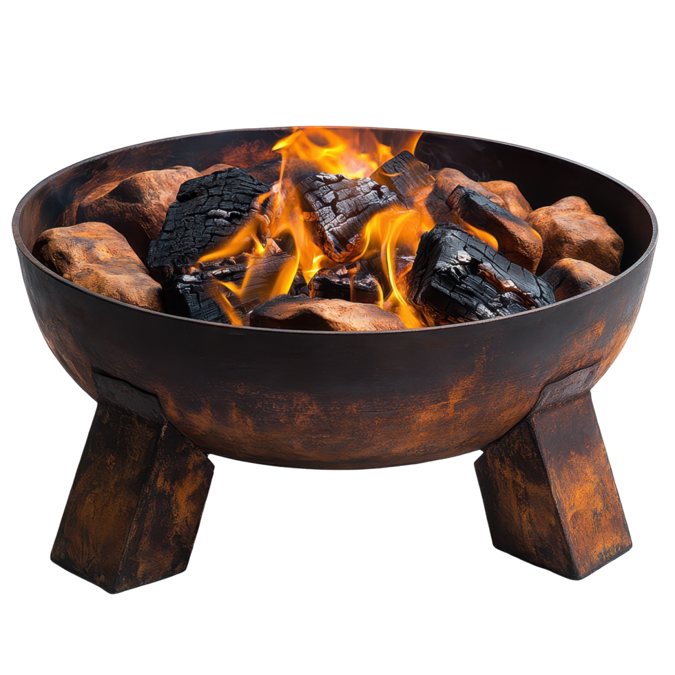 Warm flames dance in a rustic fire pit surrounded by glowing coals on a serene evening outdoors isolated on transparent background png