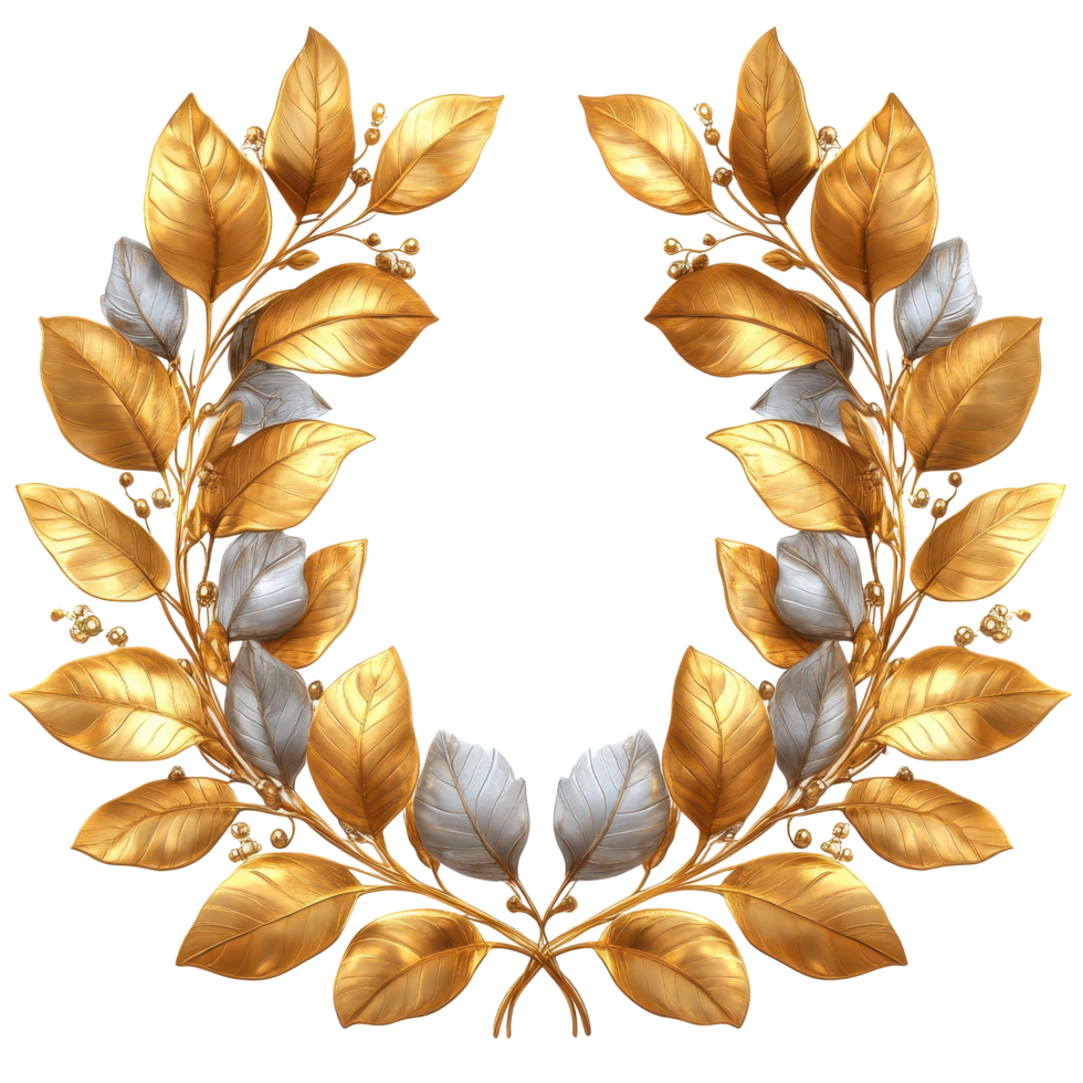 Golden and silver foliage wreath design with leaves and berries for decoration or crafting purposes isolated on transparent background png