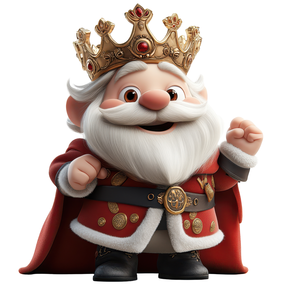 Happy cartoon king character with a crown and royal attire celebrating in a joyful pose indoors isolated on transparent background png