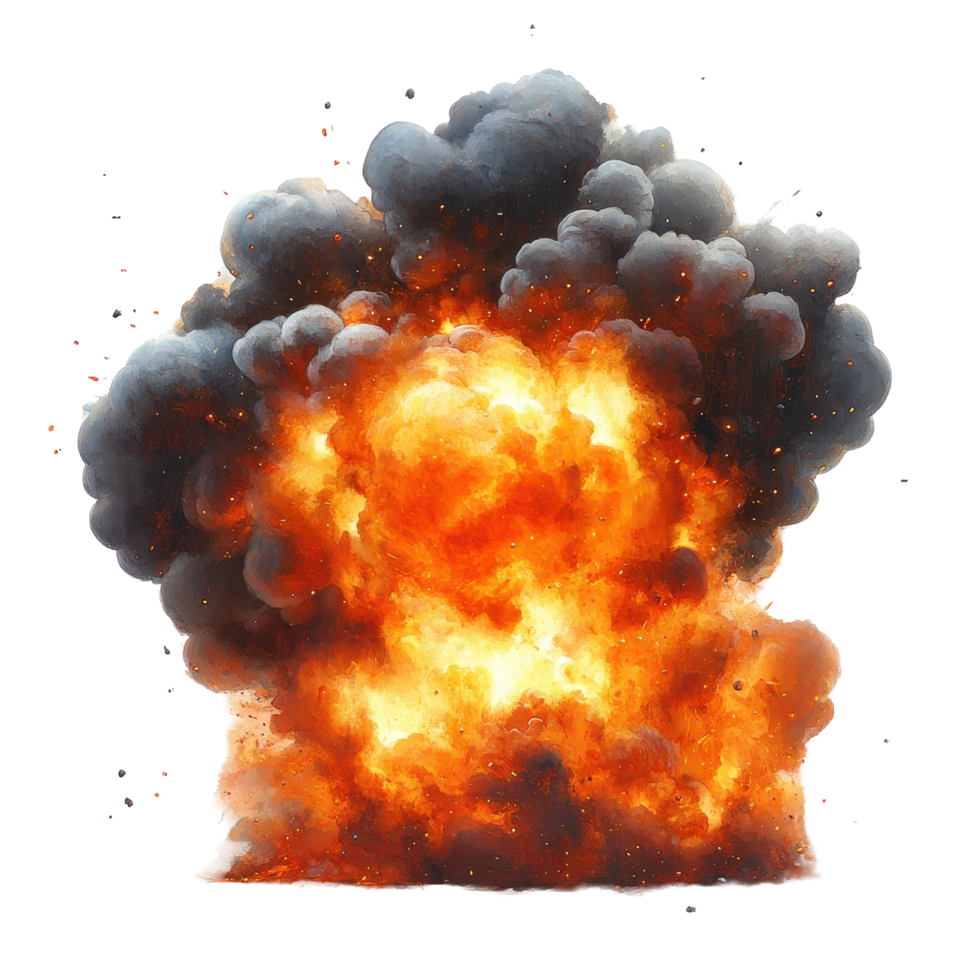 Explosive fireball erupts with thick smoke and fiery colors against a stark background during an intense blast event isolated on transparent background png