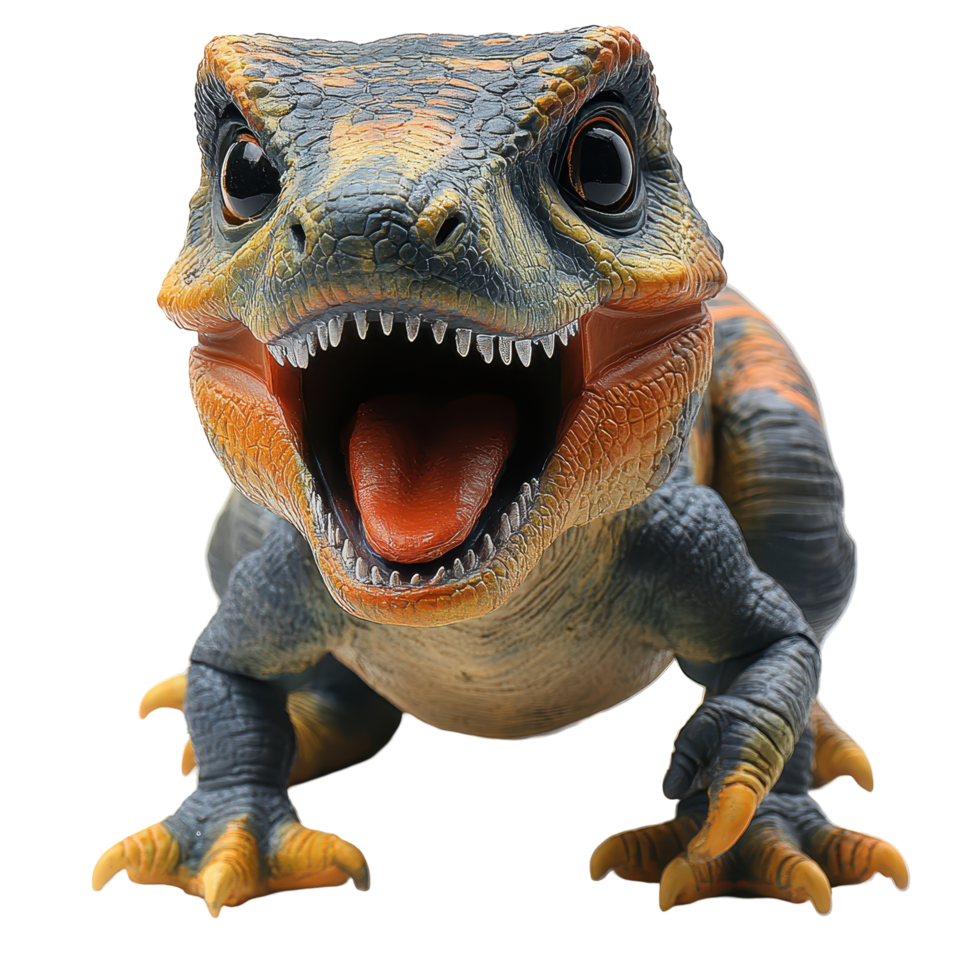Lifelike dinosaur toy with vibrant colors and open mouth showcasing fierce expression isolated on transparent background png
