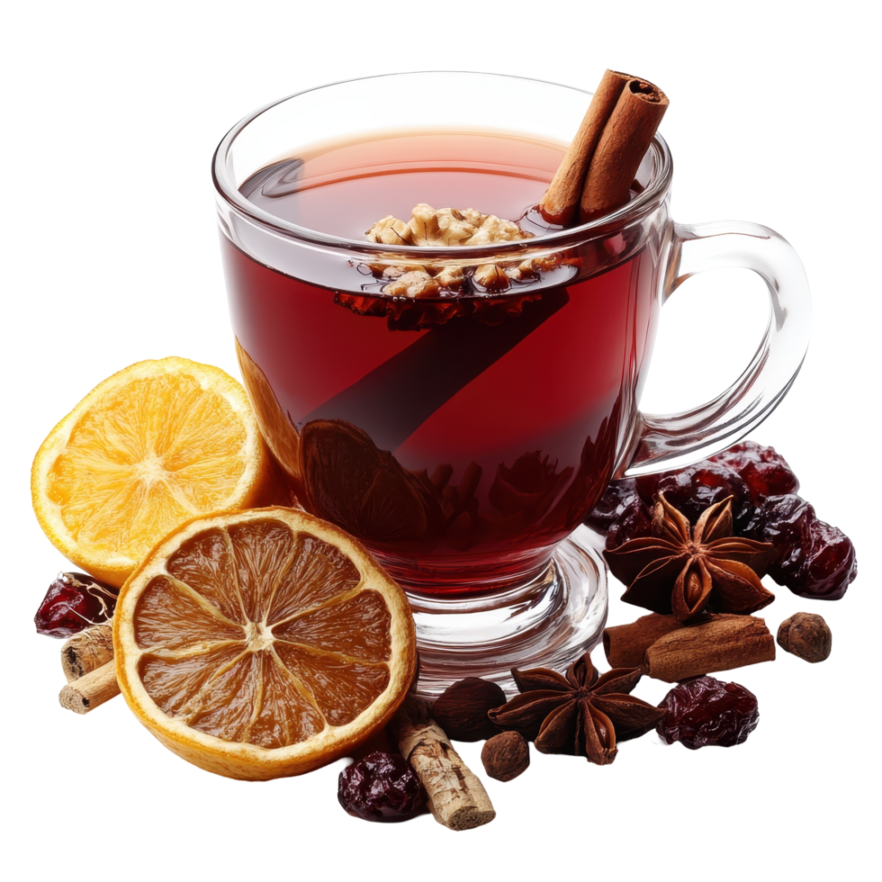 Warm spiced tea with citrus and spices served in a glass cup isolated on transparent background png
