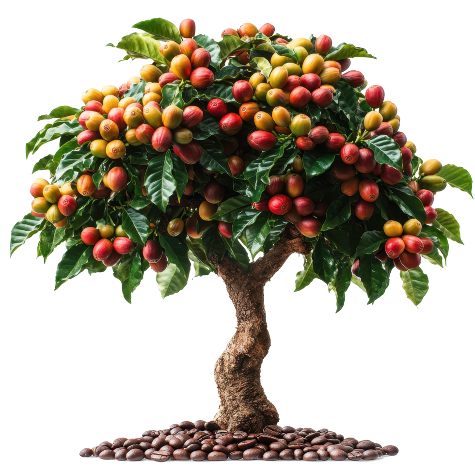 Coffee tree with ripe cherries surrounded by coffee beans in a natural setting isolated on transparent background png