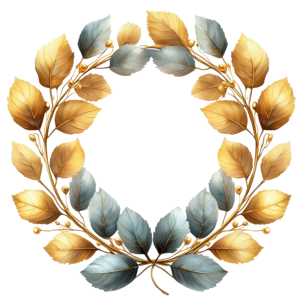 Intricate golden and silver leaf wreath design suitable for decoration and celebration isolated on transparent background png