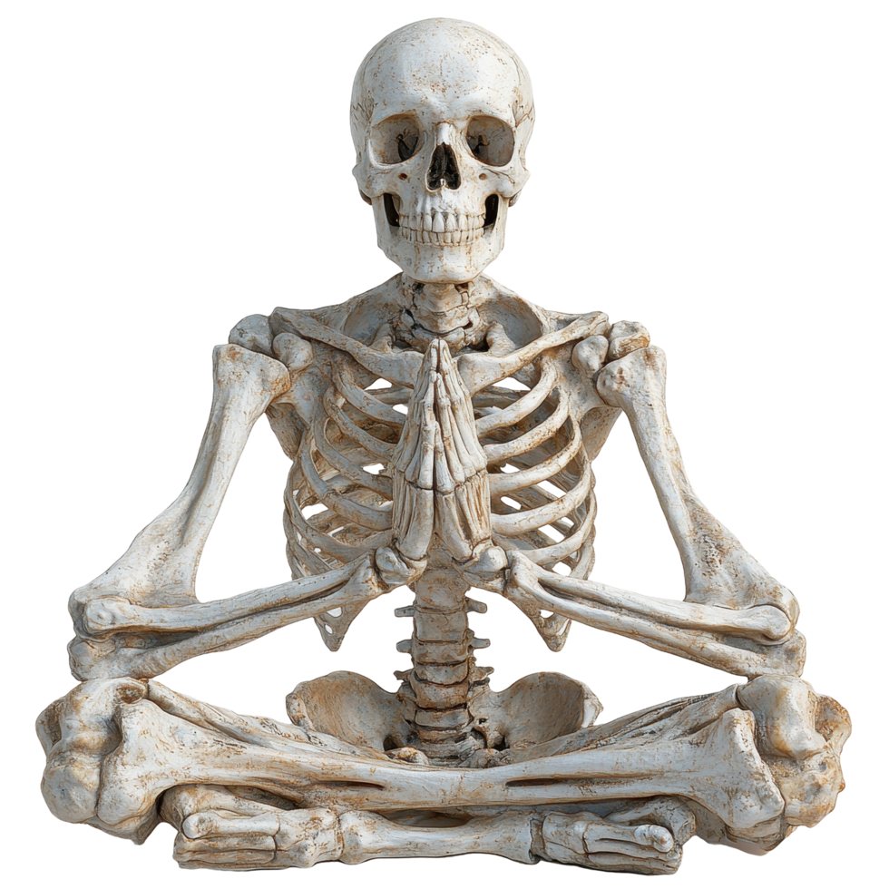Skeleton practicing meditation in a serene setting, with a focus on mindfulness and body awareness isolated on transparent background png