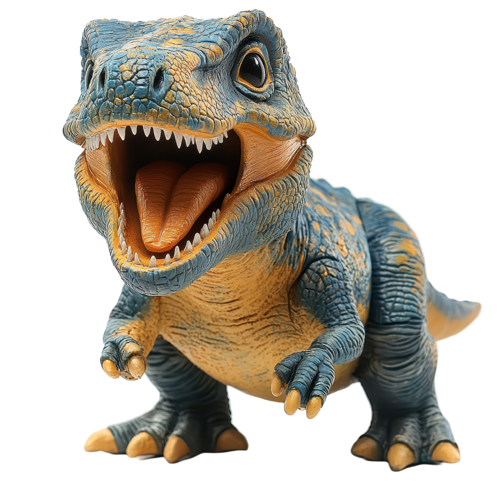 Colorful dinosaur toy with expressive features engaging children during playtime on a sunny afternoon isolated on transparent background png