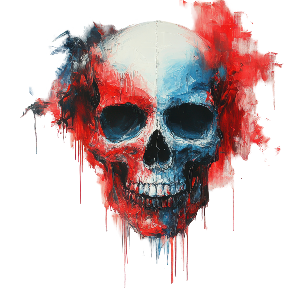 Colorful artistic skull artwork with vivid splashes and dramatic shadows isolated on transparent background png