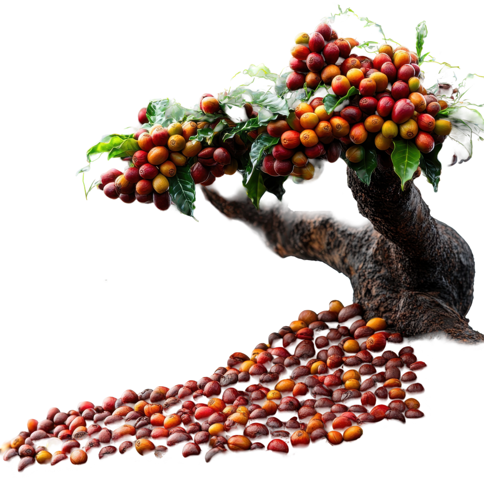 Coffee tree with ripe cherries and beans cascading down the trunk in a vibrant display of colors isolated on transparent background png