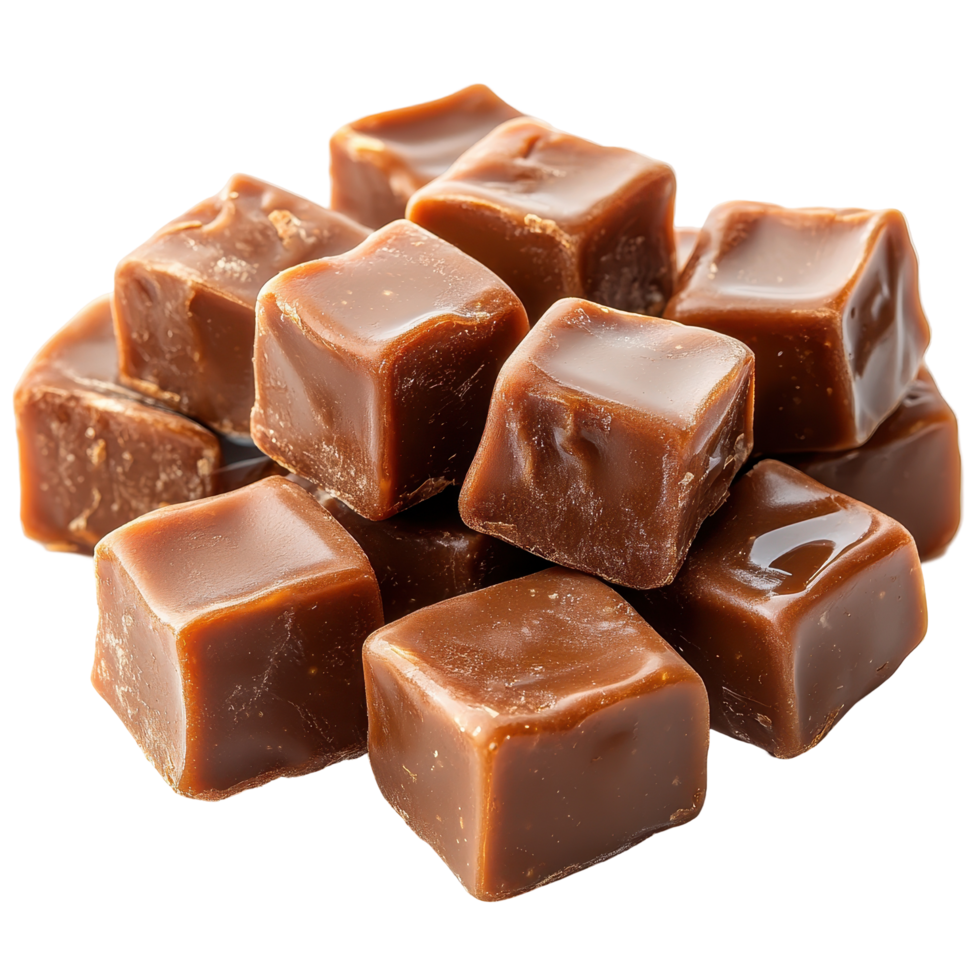 Sweet chocolate caramels arranged in a stacked formation on a plain white background isolated on transparent background png
