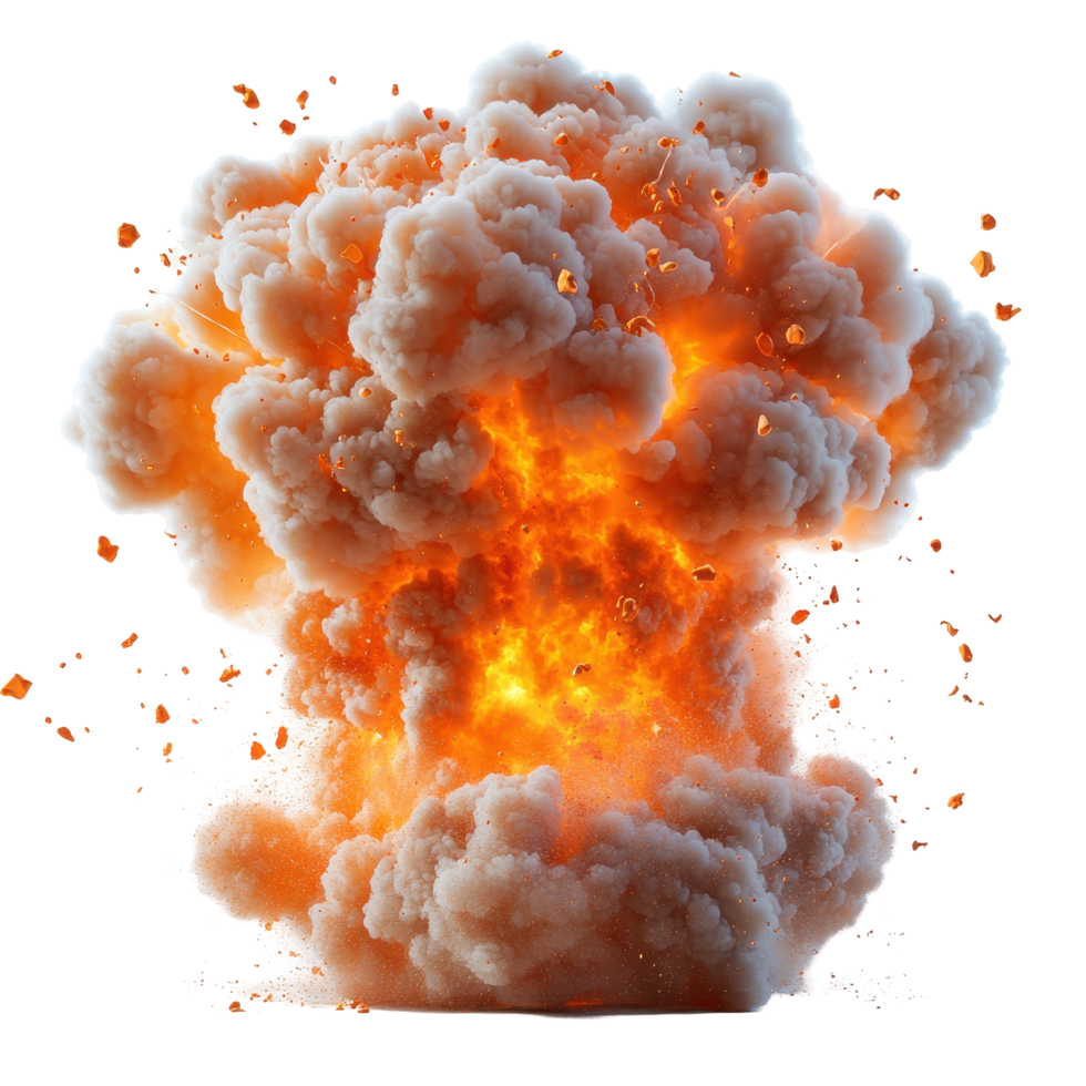 Explosive cloud formation rises dramatically in a fiery display of smoke and debris during a controlled detonation event outdoors isolated on transparent background png