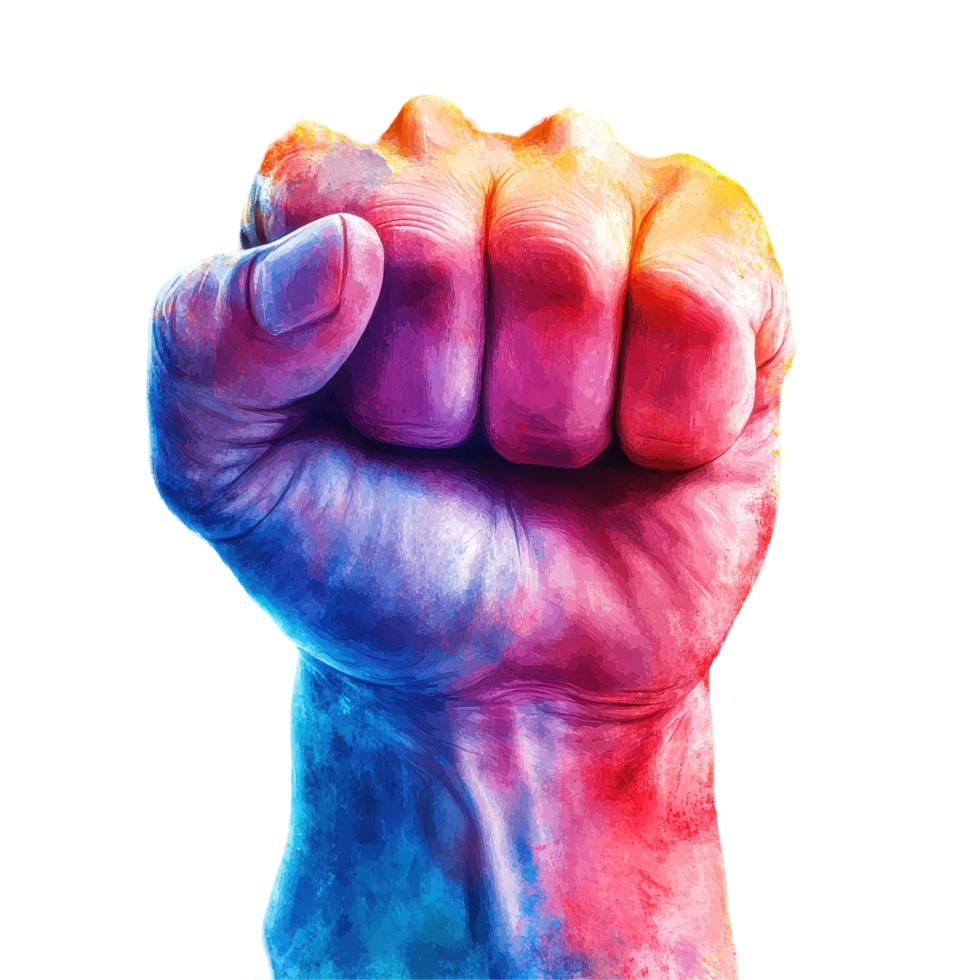 Colorful raised fist symbolizes strength and empowerment, representing unity and solidarity among diverse communities during a movement isolated on transparent background png