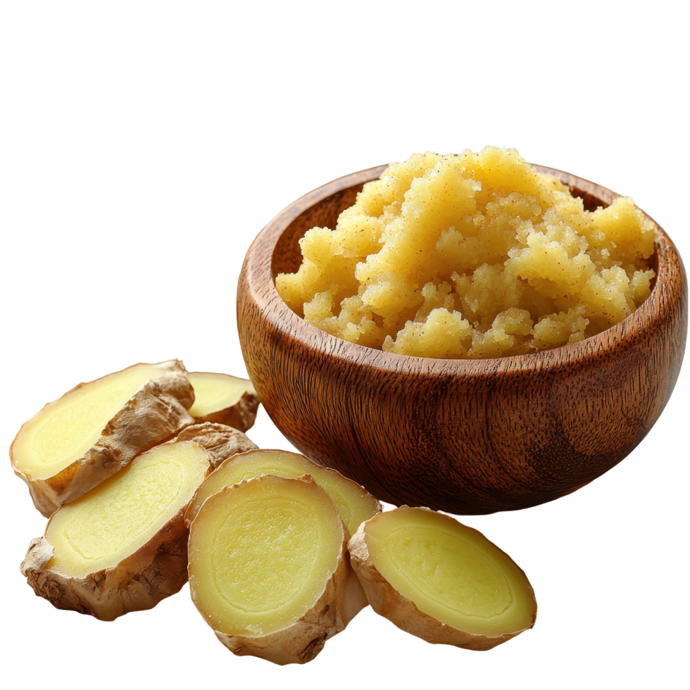 Fresh ginger and ginger paste displayed in a wooden bowl on a clean surface amid vibrant kitchen surroundings isolated on transparent background png