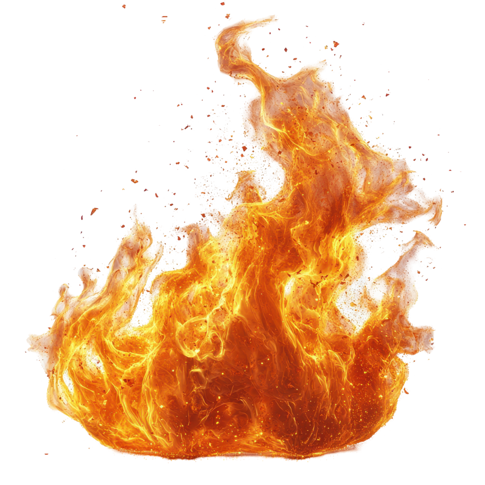 Flames rising with intensity in an outdoor setting during evening hours showcases the raw power of fire isolated on transparent background png