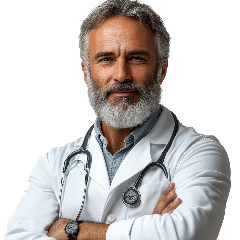 Experienced doctor with a confident smile wearing a lab coat and stethoscope against a clean background isolated on transparent background png