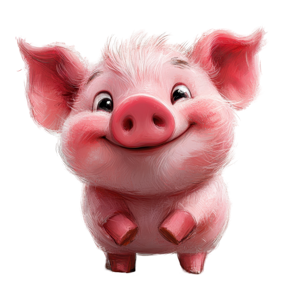 Cute cartoon piglet with a cheerful expression and fluffy pink fur, standing playfully with a bright smile isolated on transparent background png