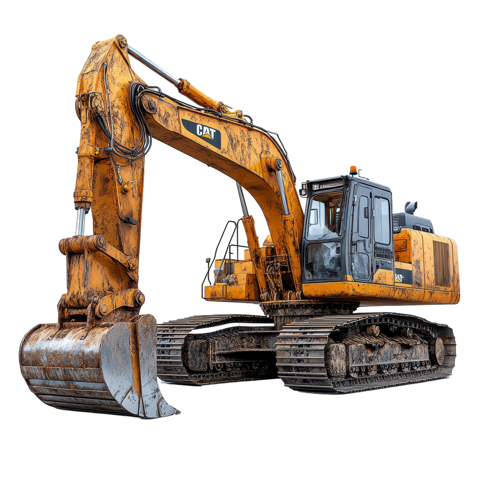 Excavator working on construction site showcasing heavy machinery in vibrant yellow color isolated on transparent background png
