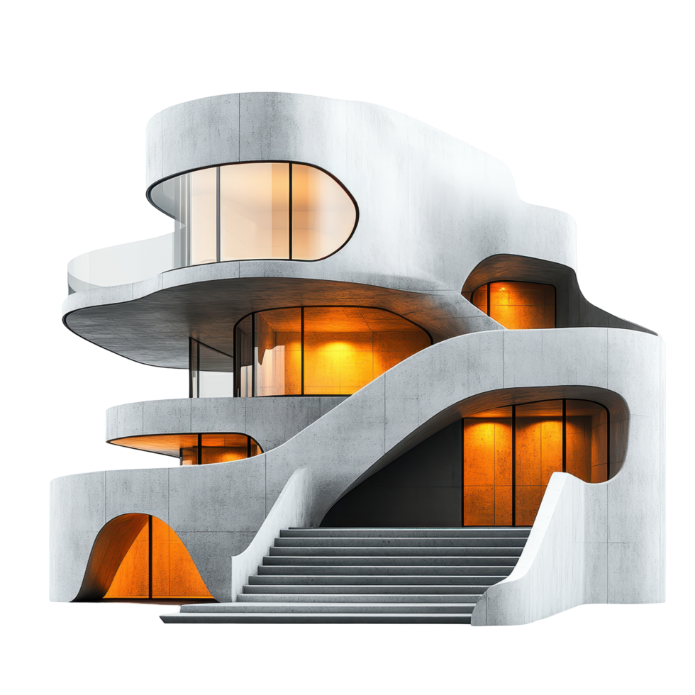 Modern architectural design featuring a fluid, sculptural building with warm lighting and unique shapes isolated on transparent background png