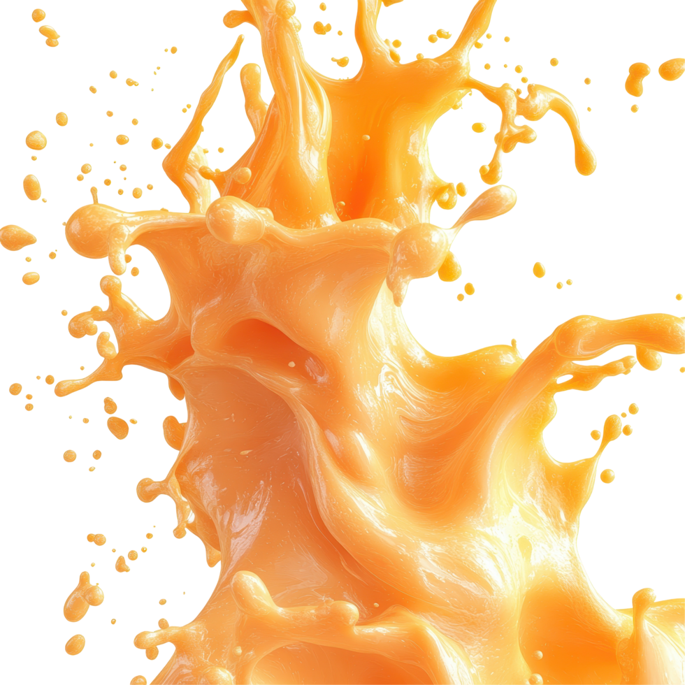 Dynamic splash of orange liquid creating energetic patterns against a white background isolated on transparent background png