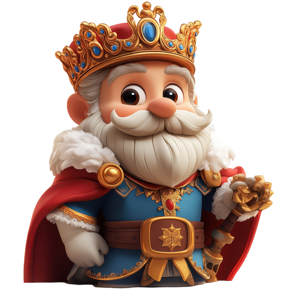 Charming cartoon king in royal attire with a golden crown and scepter standing proudly isolated on transparent background png