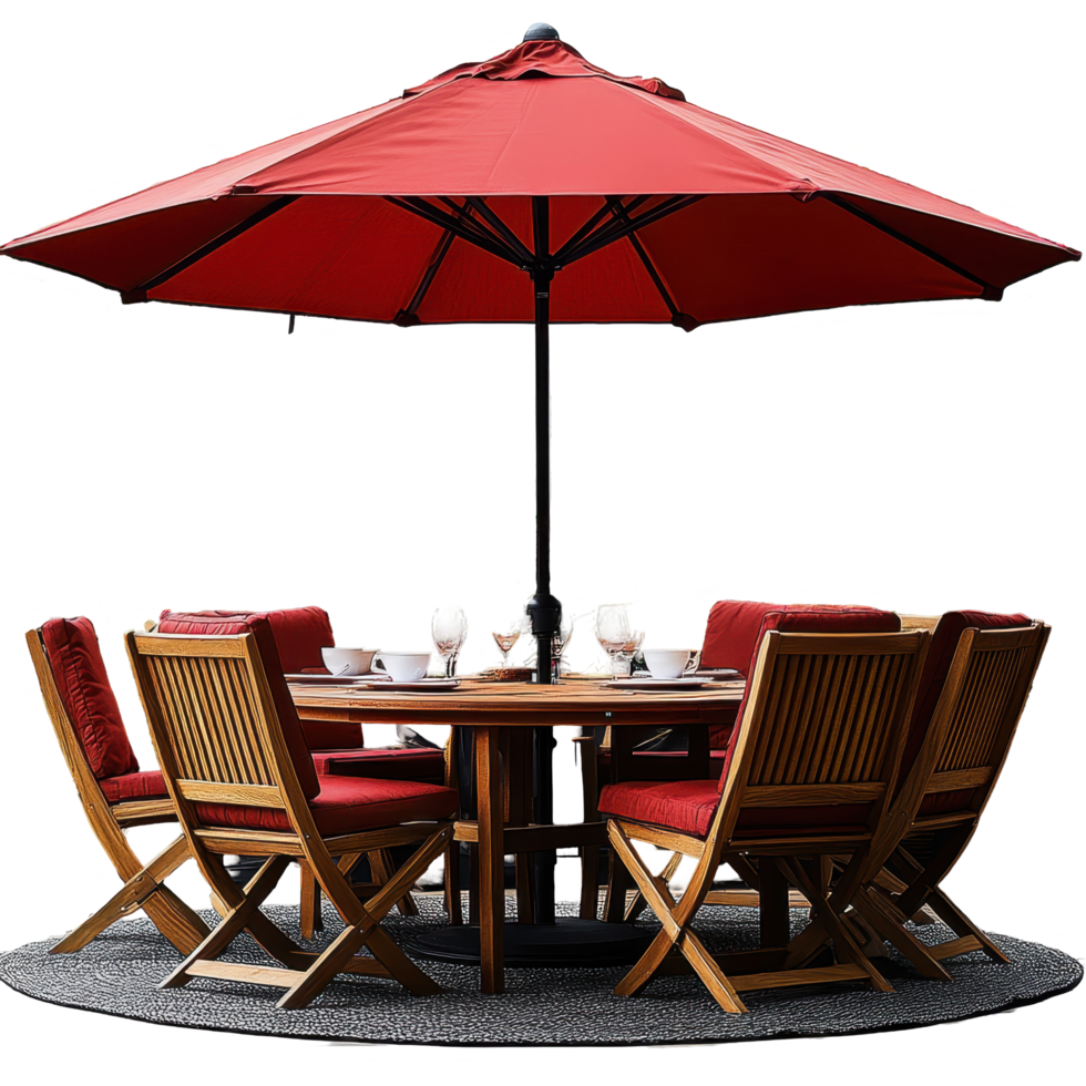 Outdoor dining set with red umbrella and wooden chairs in a cozy garden setting isolated on transparent background png