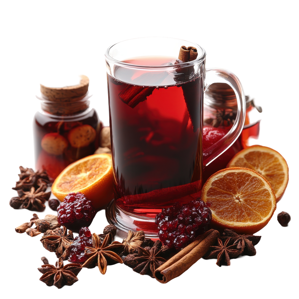 Warm spiced beverage with citrus and herbs, perfect for chilly evenings or festive gatherings in a cozy setting isolated on transparent background png