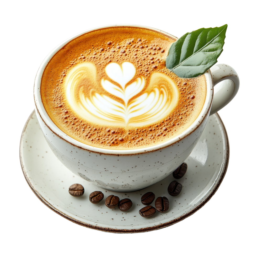 Enjoying a beautifully crafted latte with intricate latte art and a hint of mint leaf at a cozy coffee shop isolated on transparent background png