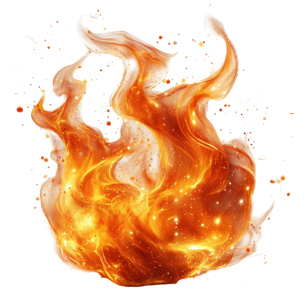 Bright flames dance with vibrant colors and sparks in an abstract fire display, capturing movement and energy in a lively design isolated on transparent background png