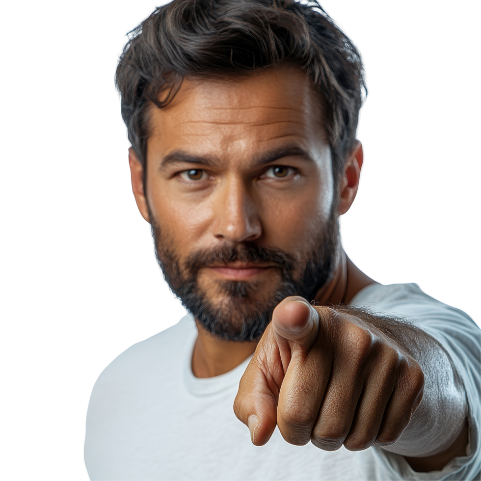 Man with a confident expression pointing directly at the viewer in a studio setting isolated on transparent background png