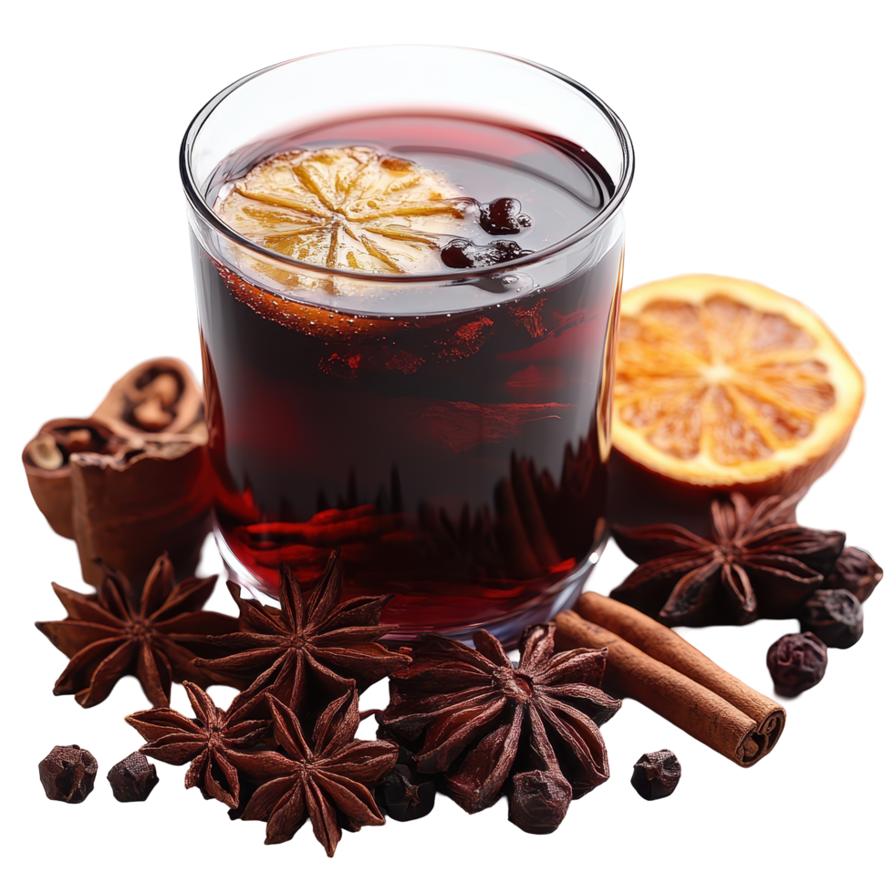 Delicious beverage featuring dark color with spices and dried citrus garnishing on a smooth surface isolated on transparent background png