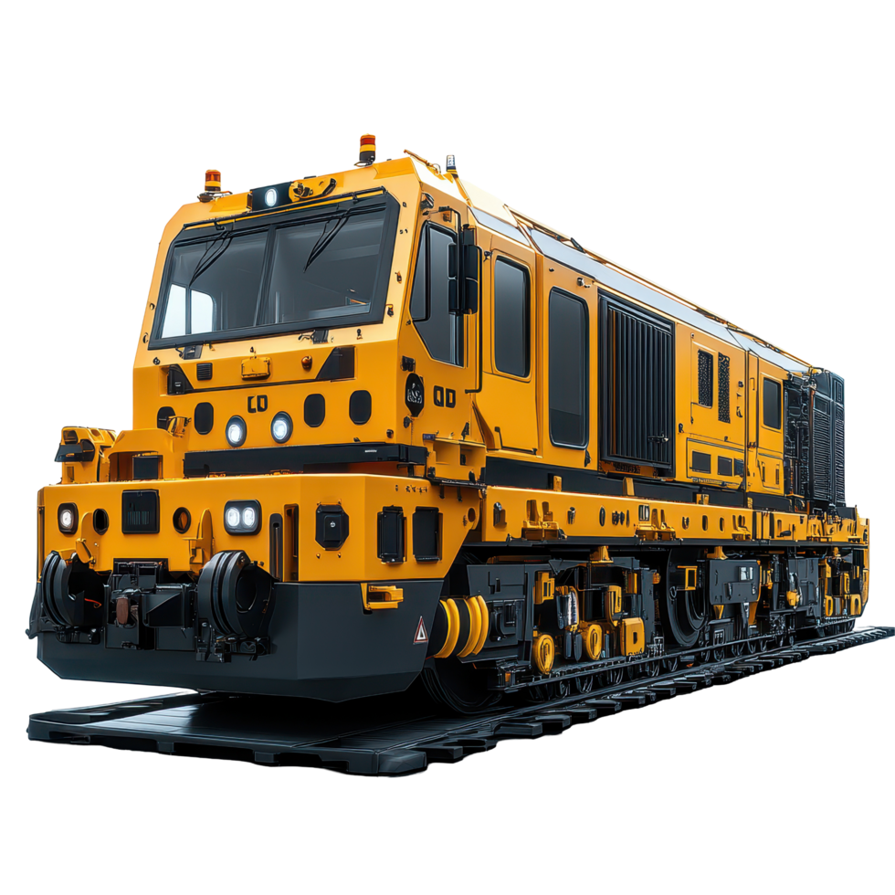 Heavy duty railway maintenance machine on tracks in an industrial setting isolated on transparent background png