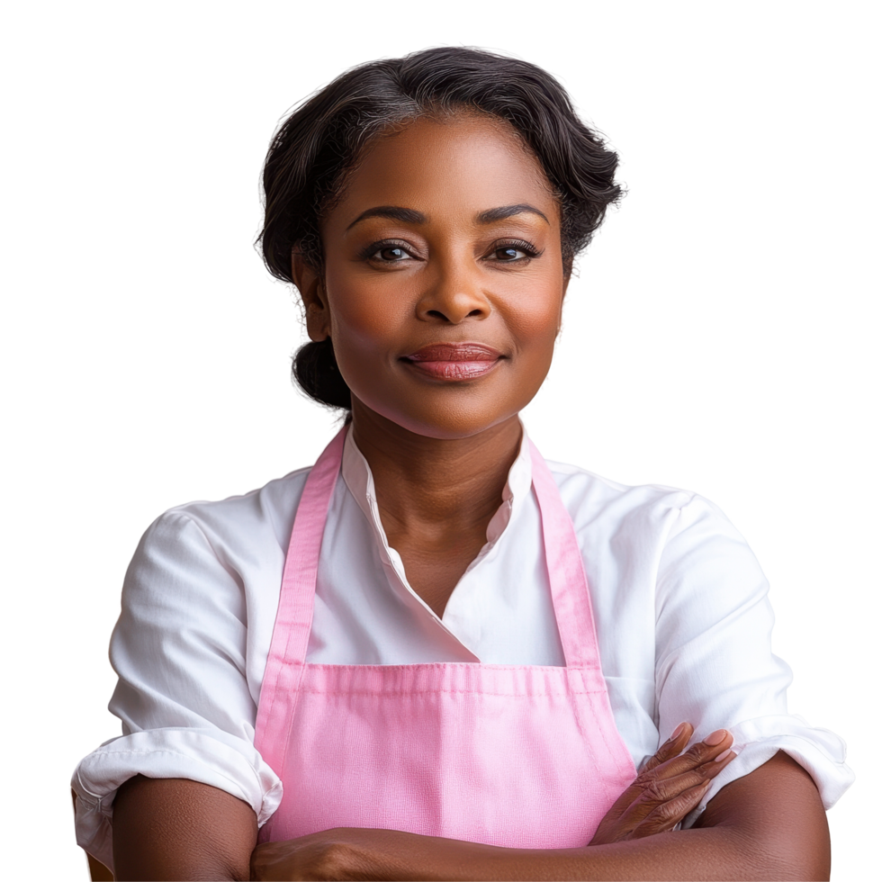 Expert chef displays confidence with crossed arms in a pink apron in a modern kitchen setting ready to cook a delicious meal isolated on transparent background png