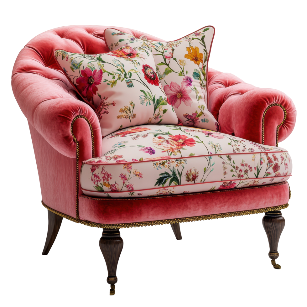 Cozy pink armchair with floral pattern and decorative pillows in a bright living room setting isolated on transparent background png