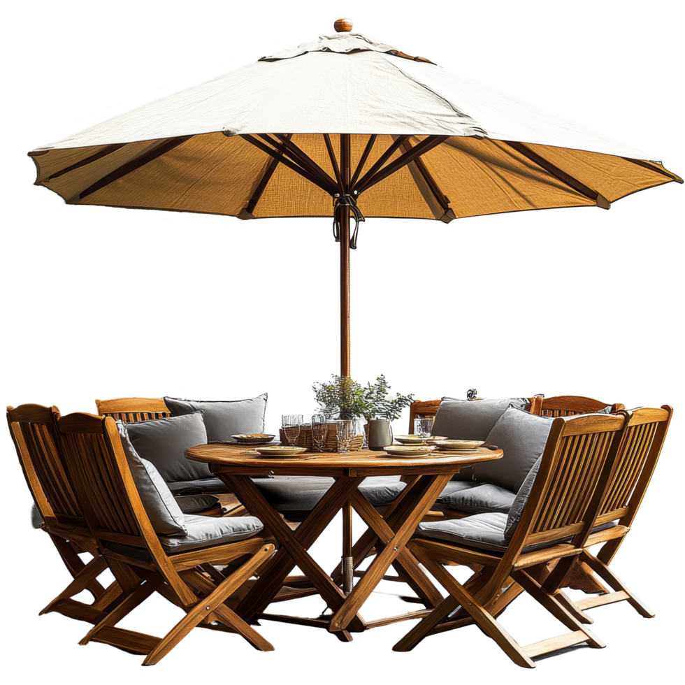 Outdoor dining set featuring a large umbrella and comfortable seating with a rustic design in a serene garden setting isolated on transparent background png
