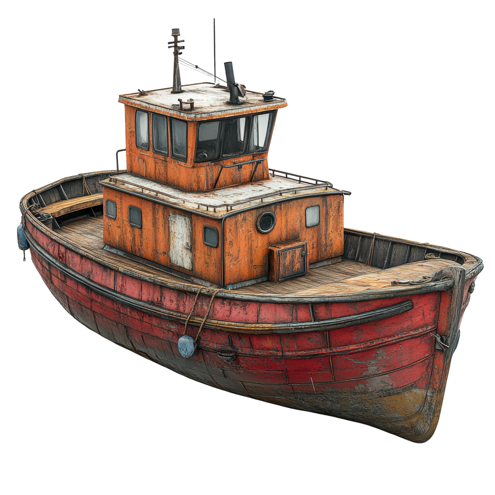 Weathered fishing boat docked by the harbor showcasing rustic charm and vibrant colors under clear sky isolated on transparent background png
