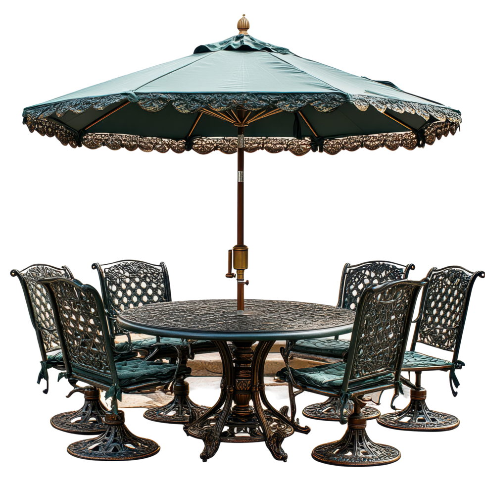 Outdoor dining set with ornate metal chairs and umbrella at a sunny patio in a garden isolated on transparent background png