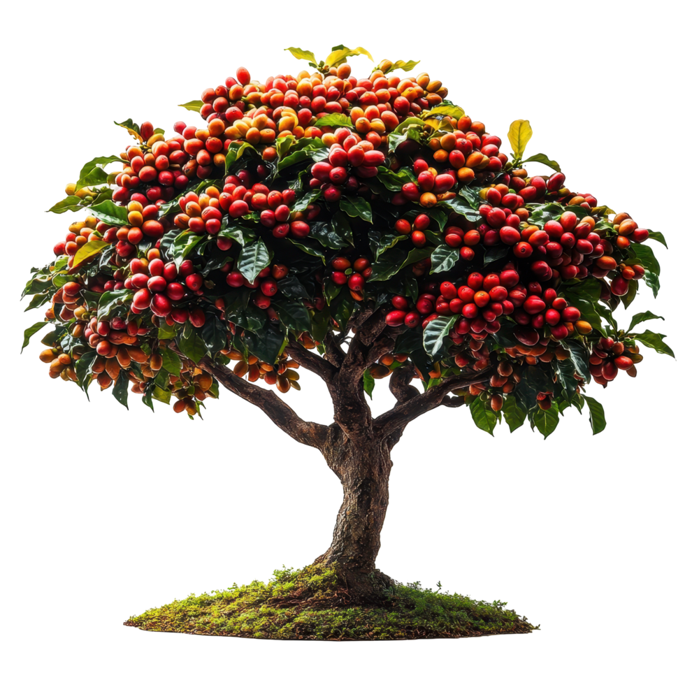 Red fruit tree with abundant berries standing on green moss in natural setting isolated on transparent background png