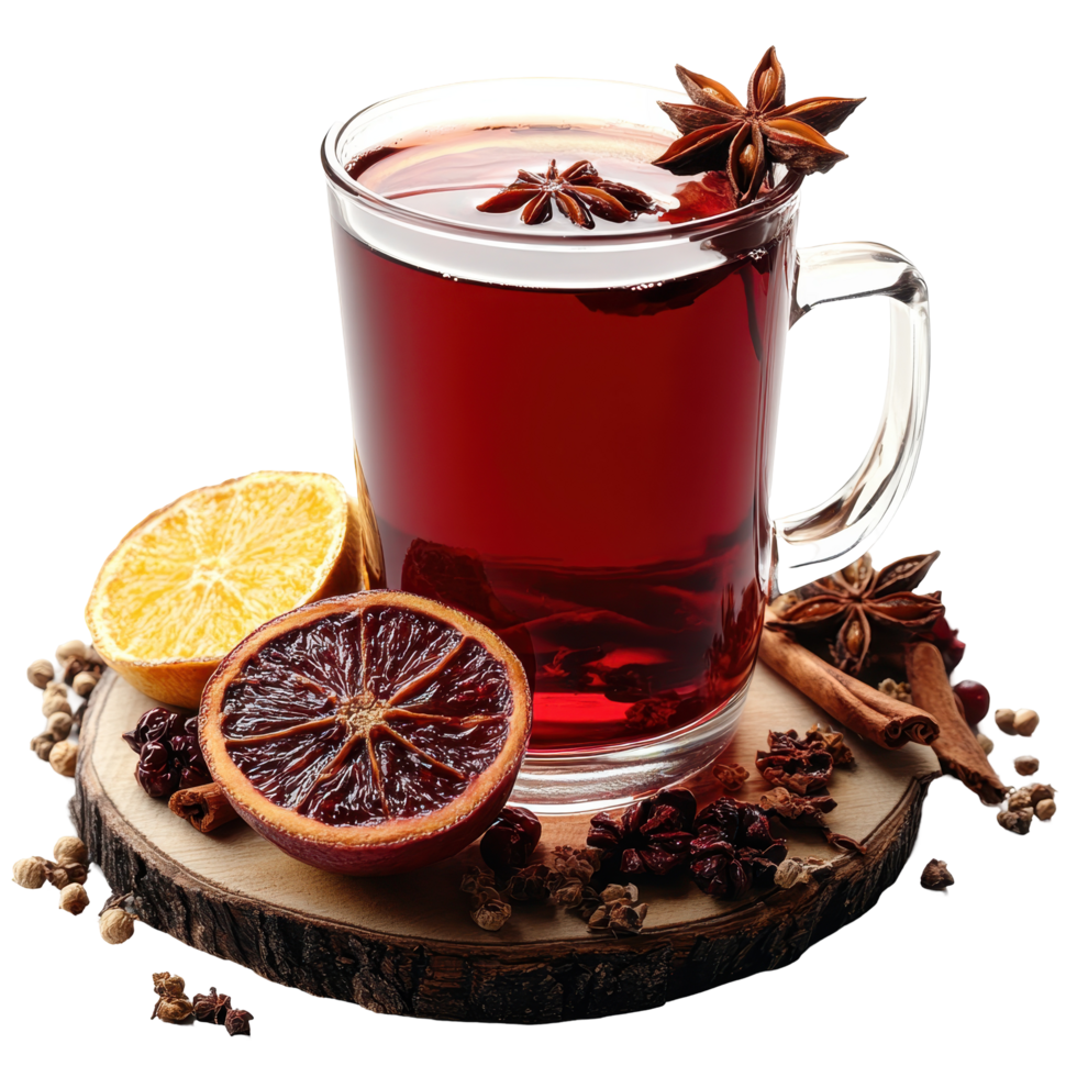 Warm herbal tea served in a glass mug with spices and dried fruit garnishes on a wooden slice isolated on transparent background png