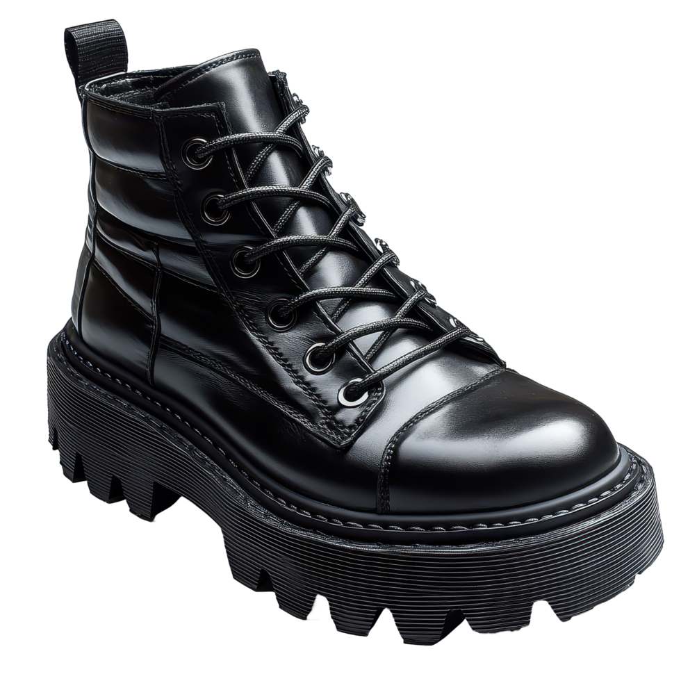 Stylish black lace-up boots with chunky soles suitable for casual and trendy outfits in various weather conditions isolated on transparent background png