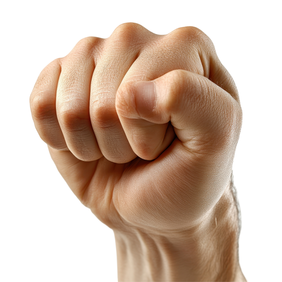 Clenched fist symbolizing strength and determination in a neutral setting isolated on transparent background png