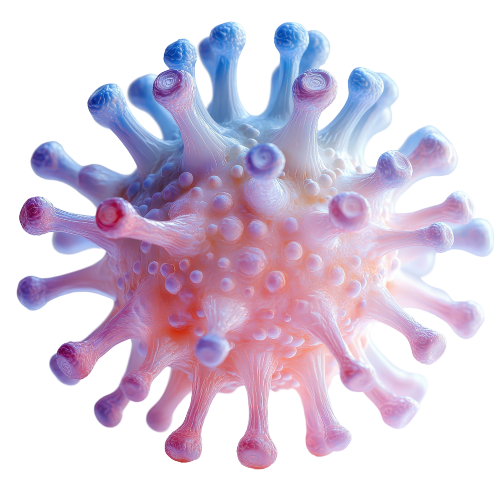 Detailed depiction of a virus model showcasing structure and texture in vibrant colors isolated on transparent background png