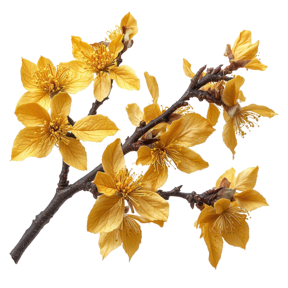 Golden blossoms on a branch captured in vibrant detail against a soft background isolated on transparent background png