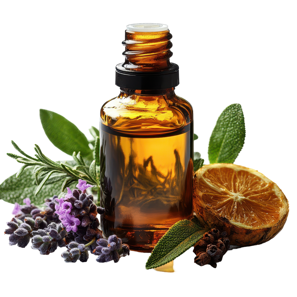 Essential oil bottle surrounded by herbs and dried orange slice on a clean surface with natural lighting isolated on transparent background png