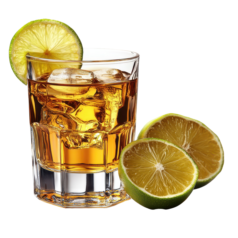 Refreshing citrus drink garnished with lime presented in a glass with ice cubes isolated on transparent background png